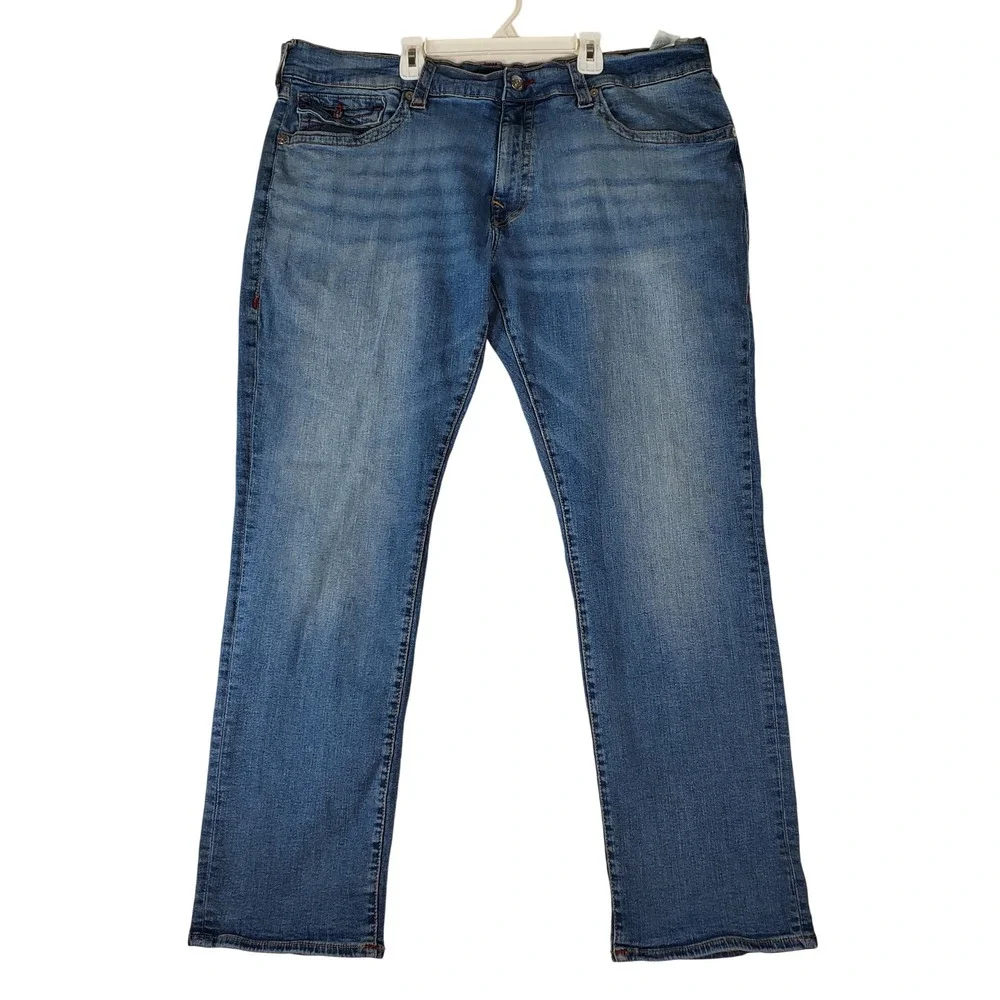 True Religion Ricky Relaxed Straight Jeans Mens 42 Blue Medium Wash Red Stitch